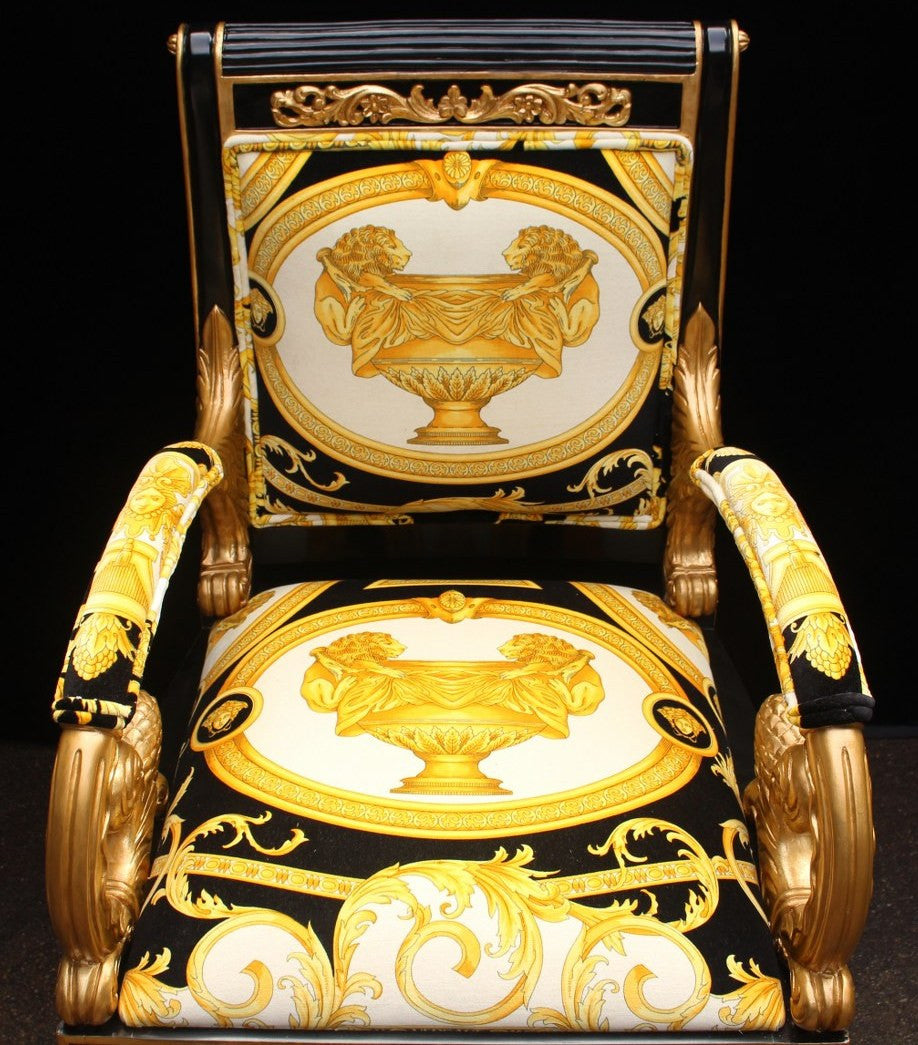 Luxury Custom Armchair Covered In Versace Gold Double Lion Petit-Petitot Fabric