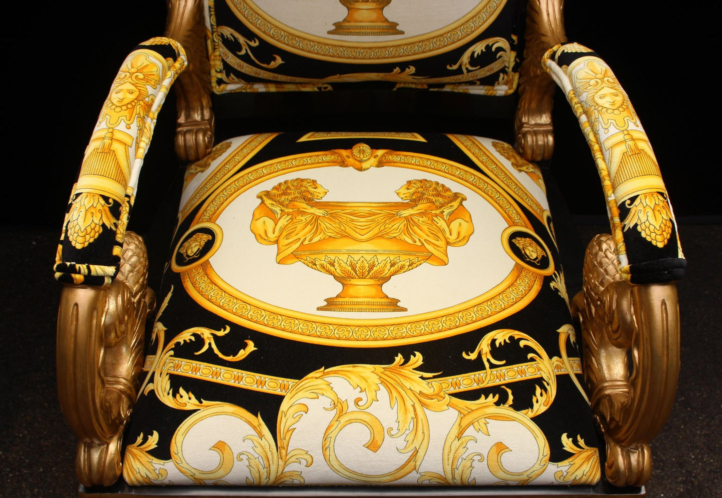 Luxury Custom Armchair Covered In Versace Gold Double Lion Petit-Petitot Fabric