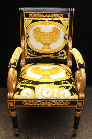 Luxury Custom Armchair Covered In Versace Gold Double Lion Petit-Petitot Fabric