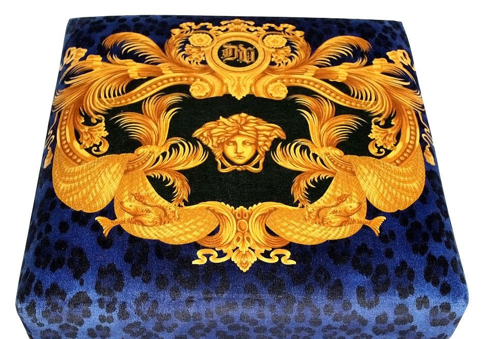 Luxury Arcmhair Custom-Made Covered in Versace DV Blue Animal Print Velvet Fabric With Same Pattern On Outer Back Seat