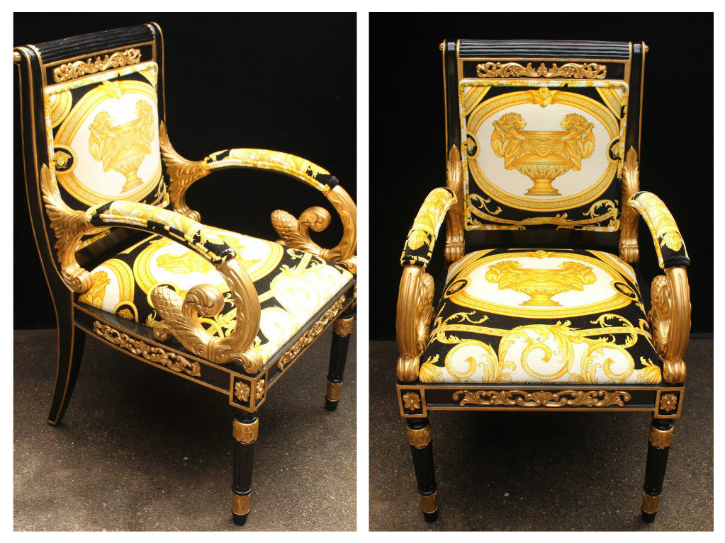 Pair Luxury Custom Vanitas Armchair Covered In Versace Gold Double Lion Petit-Petitot Fabric