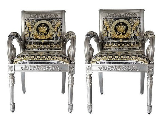 PAIR Luxury Custom Luxury Armchair Covered In Versace Vanity Wild Crown Velvet Fabric-Same Pattern On Outer Back Seat