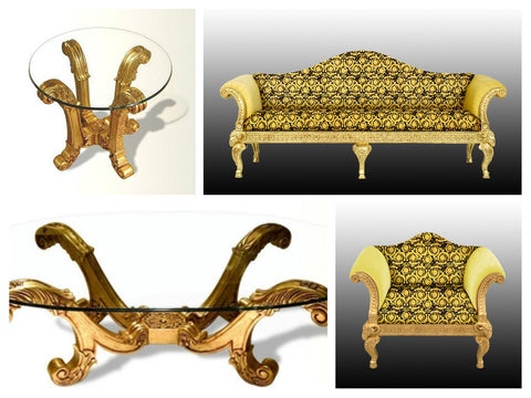 Ram's Head Living Room Set In Versace Vanity Barocco Black Gold Velvet Fabric