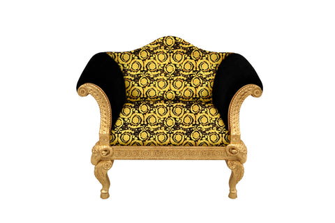 Ram's Head Single Seater Sofa Covered In Versace Vanity Barocco Gold Black Fabric
