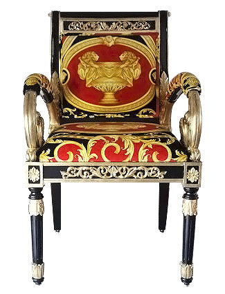 Armchair Custom Vanitas in Versace Red Double Lion Velvet Fabric-Same Pattern on Outer Back Seat