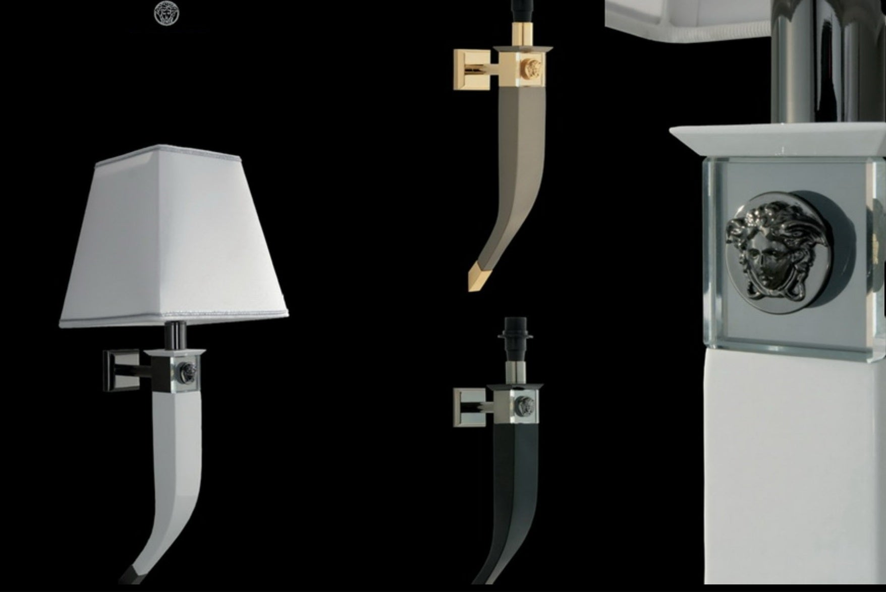 A collection of images showing a Versace Superbe wall lamp and shade in various finishes and angles of view, highlighting the design and style of the product.