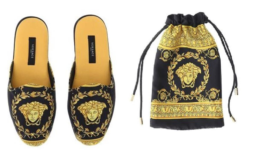 Versace Baroque Medusa Slippers with Silk Case - Black Gold