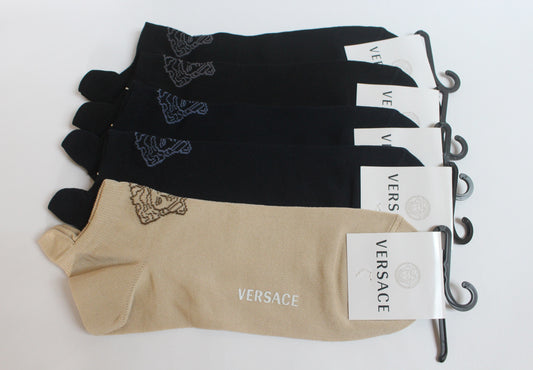 VERSACE MEDUSA ANKLE SOCKS 10" - 5 PAIRS SET -Dark Blue, Black, Beige