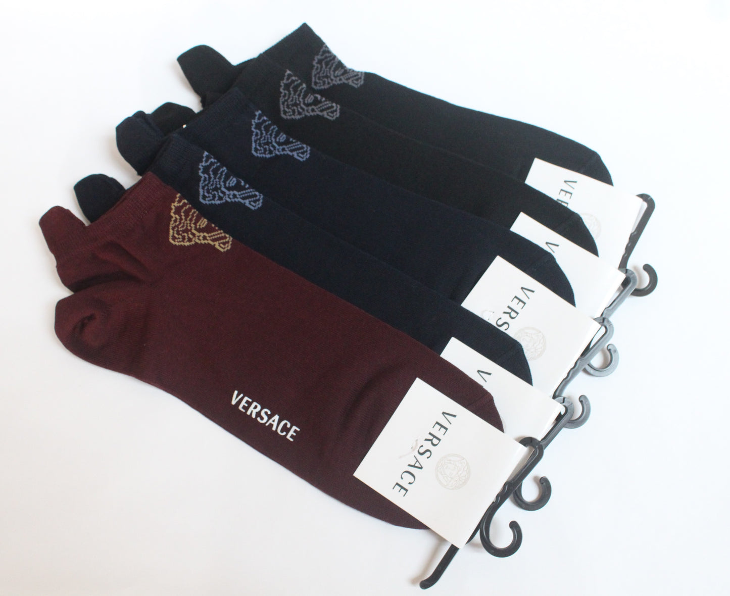 VERSACE MEDUSA ANKLE SOCKS 10" - 5 PAIRS SET -DARK BLUE, BLACK, MAROON