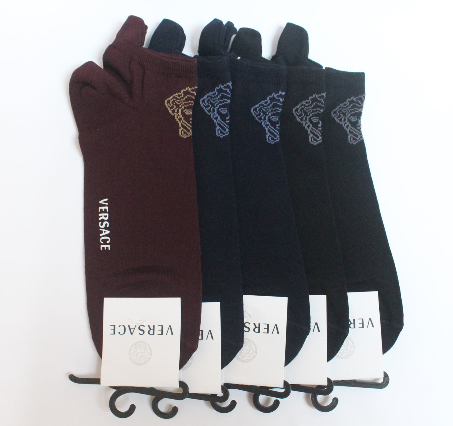 VERSACE MEDUSA ANKLE SOCKS 10" - 5 PAIRS SET -DARK BLUE, BLACK, MAROON