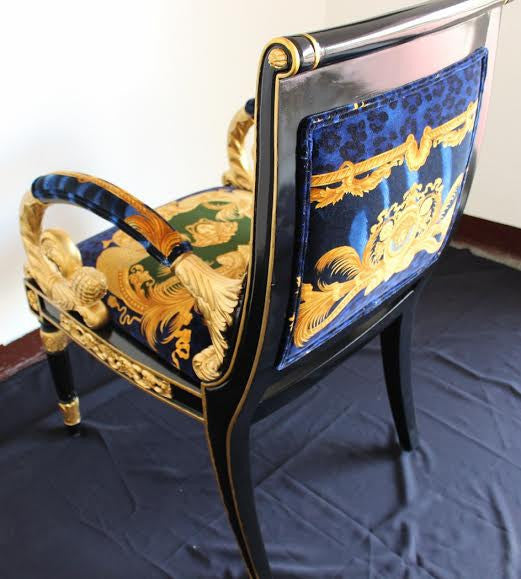 Versace Vanitas Custom Armchair Covered In Versace DV Blue Animal Print Velvet Fabric-Same Pattern On Outer Back Seat