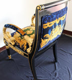 Pair Luxury Custom Armchair Covered in Versace DV Blue Animal Print Velvet Fabric With Same Pattern On Outer Back Seat