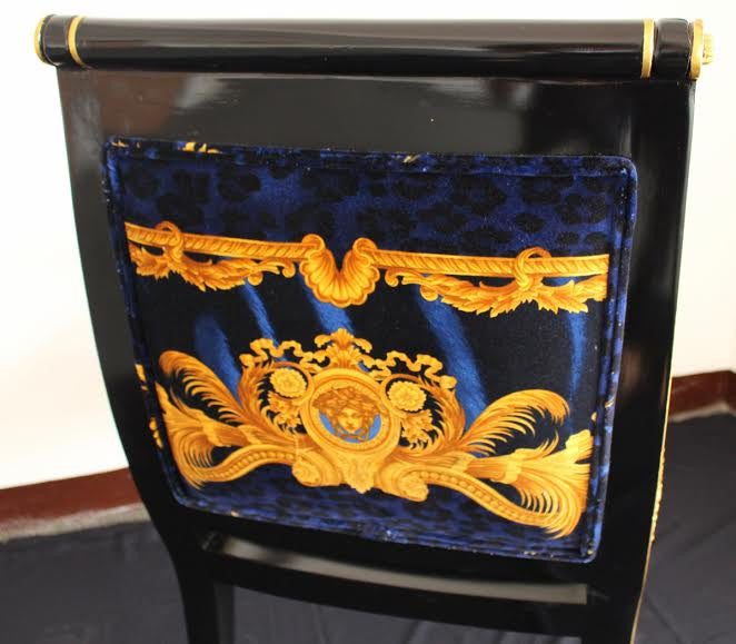 Versace Vanitas Custom Armchair Covered In Versace DV Blue Animal Print Velvet Fabric-Same Pattern On Outer Back Seat