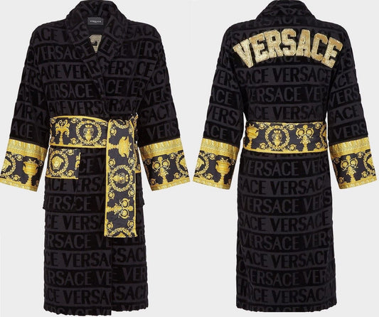 Versace Embroidered Logo Baroque Medusa Bathrobe-Black - M - XL