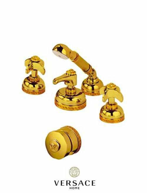 Versace Gold 4-Hole Bathtub Side Set With Pull-out Shower Hose and Faucet Column Overflow Unit