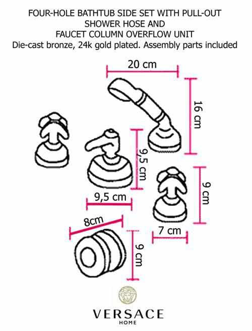 Versace Gold 4-Hole Bathtub Side Set With Pull-out Shower Hose and Faucet Column Overflow Unit