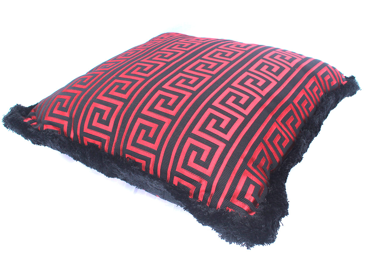 Pair Versace Greek Key Jacquard Throw Pillow/Cushions -Black Red 50cm x 50cm Plus FREE Matching Rectangular Greek Key Jacquard Cushion