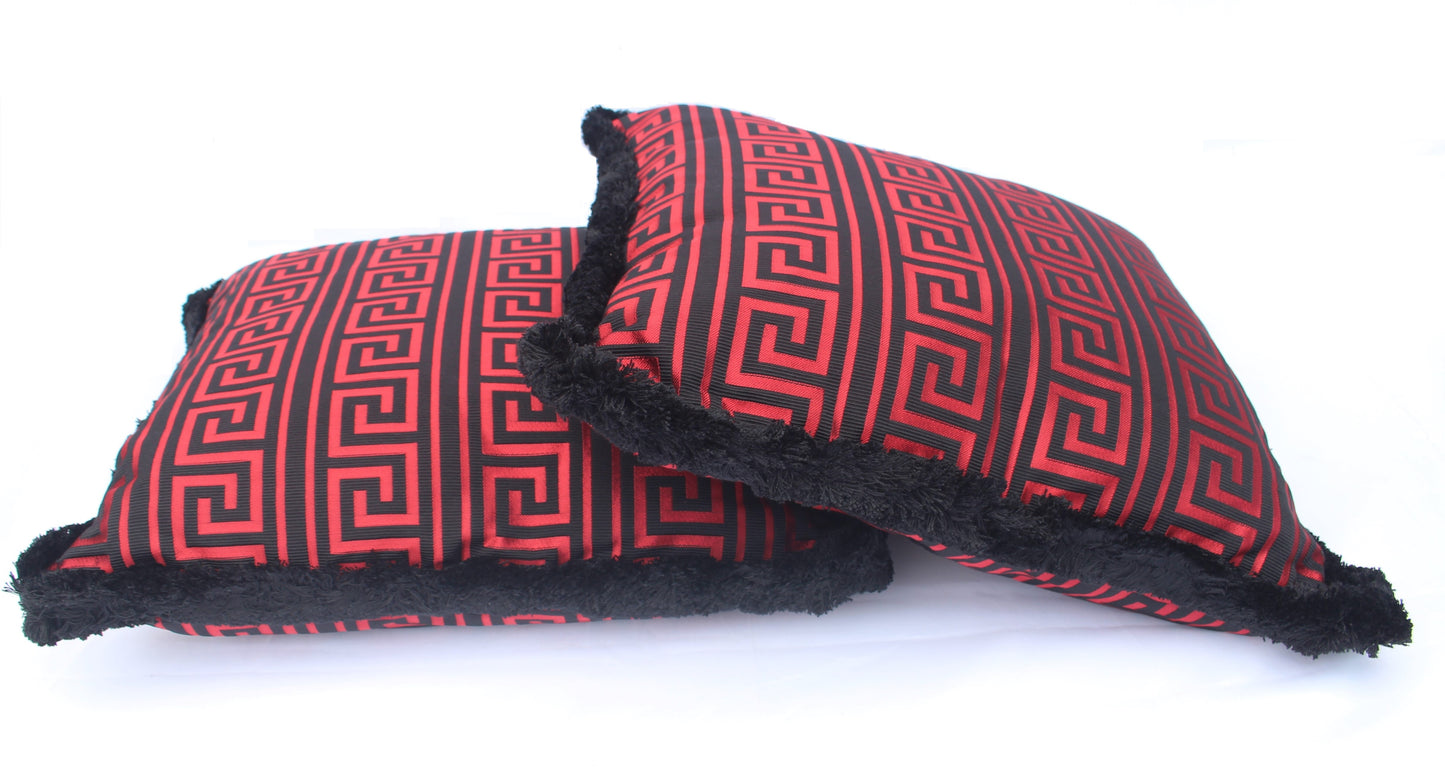 Versace Greek Key Jacquard Throw Pillow/Cushion -Black Red 50cm x 50cm