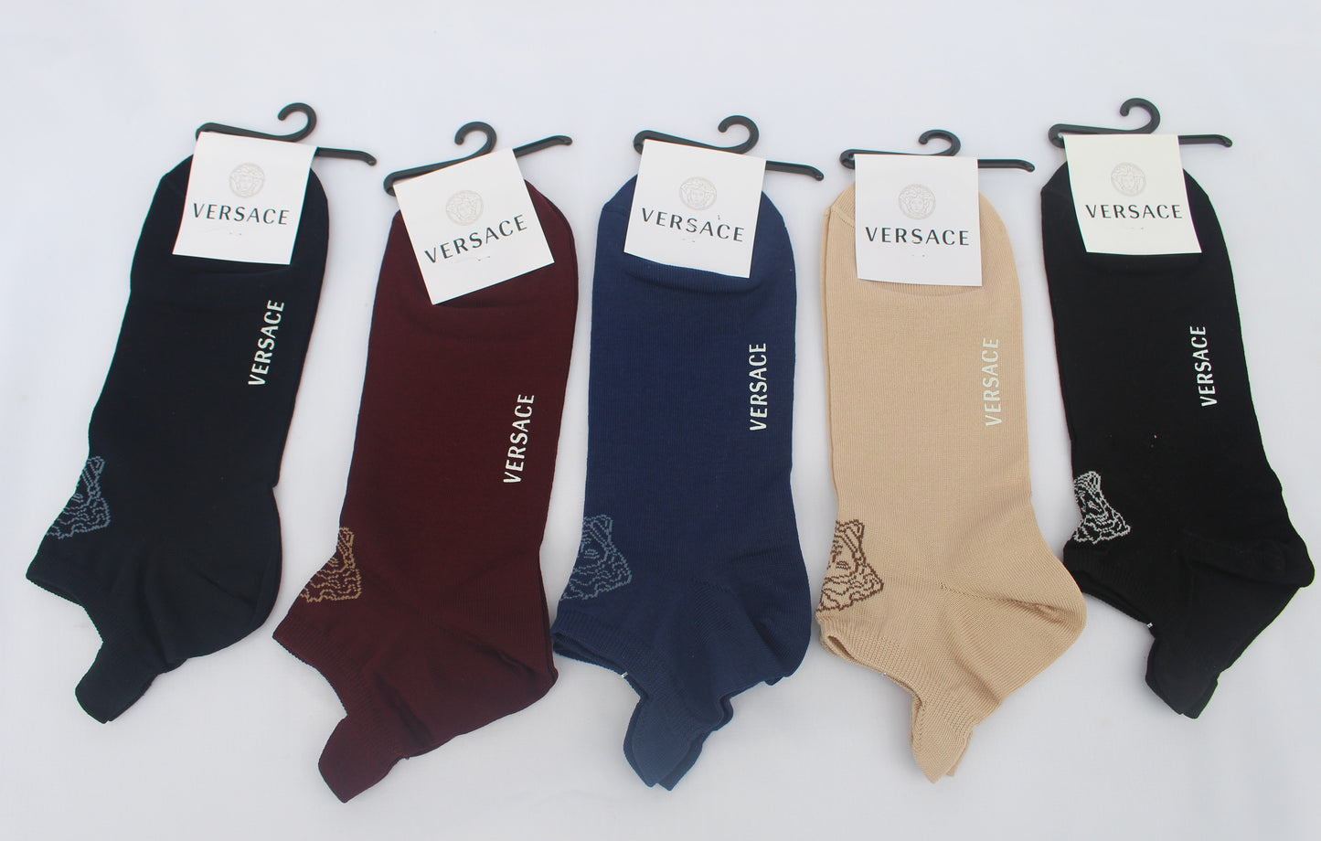 Versace Medusa Ankle Socks 10" - 5 Pairs Set -Dark Blue, Maroon, Blue, Beige, Black