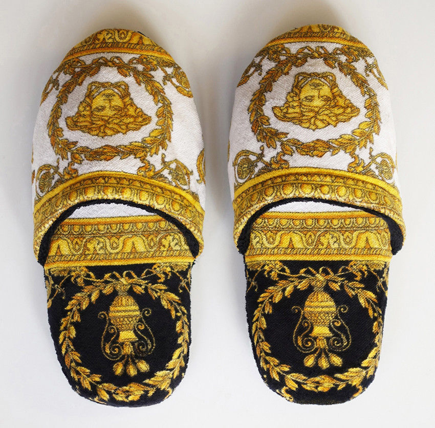 Versace Baroque Medusa Bath Slippers - Black Gold White