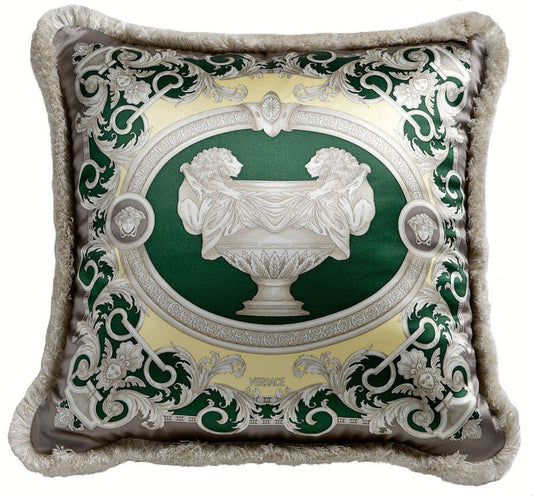 Versace Medusa Le Vase Baroque Cushion - 17.7 Silk - Silver Green Brand New