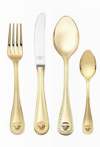 Cutlery Versace Rosenthal Gold Medusa Cutlery 24-Piece Set With Wooden Cutlery Box