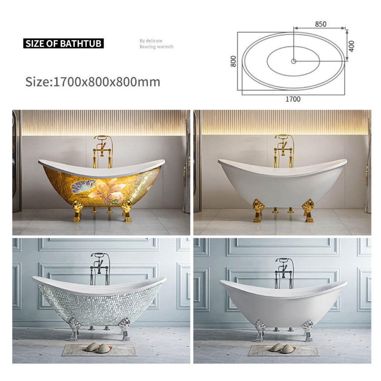 Free Standing Classic Claw Footed Luxury Bathtub In Glass Mosaic