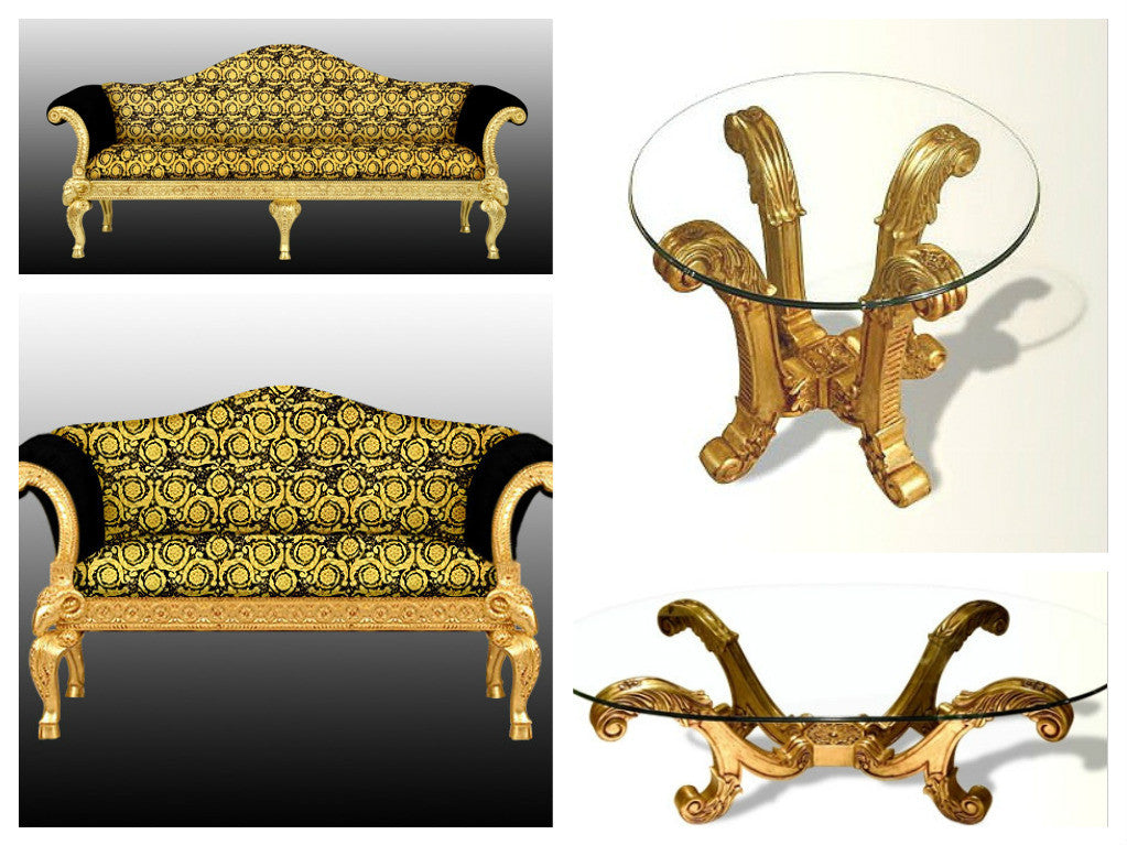 Ram's Head Living Room Set In Versace Vanity Barocco Black Gold Velvet Fabric