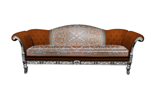Sofa 3-Seater Custom Tzar Sofa In Versace Baroque Orange Silk Fabric Diamond Button Back Seat and Arm