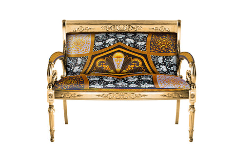 Sofa Custom Vanitas Double Seater Sofa In Atelier Versace Medusa Square Fabric In Gold Finish